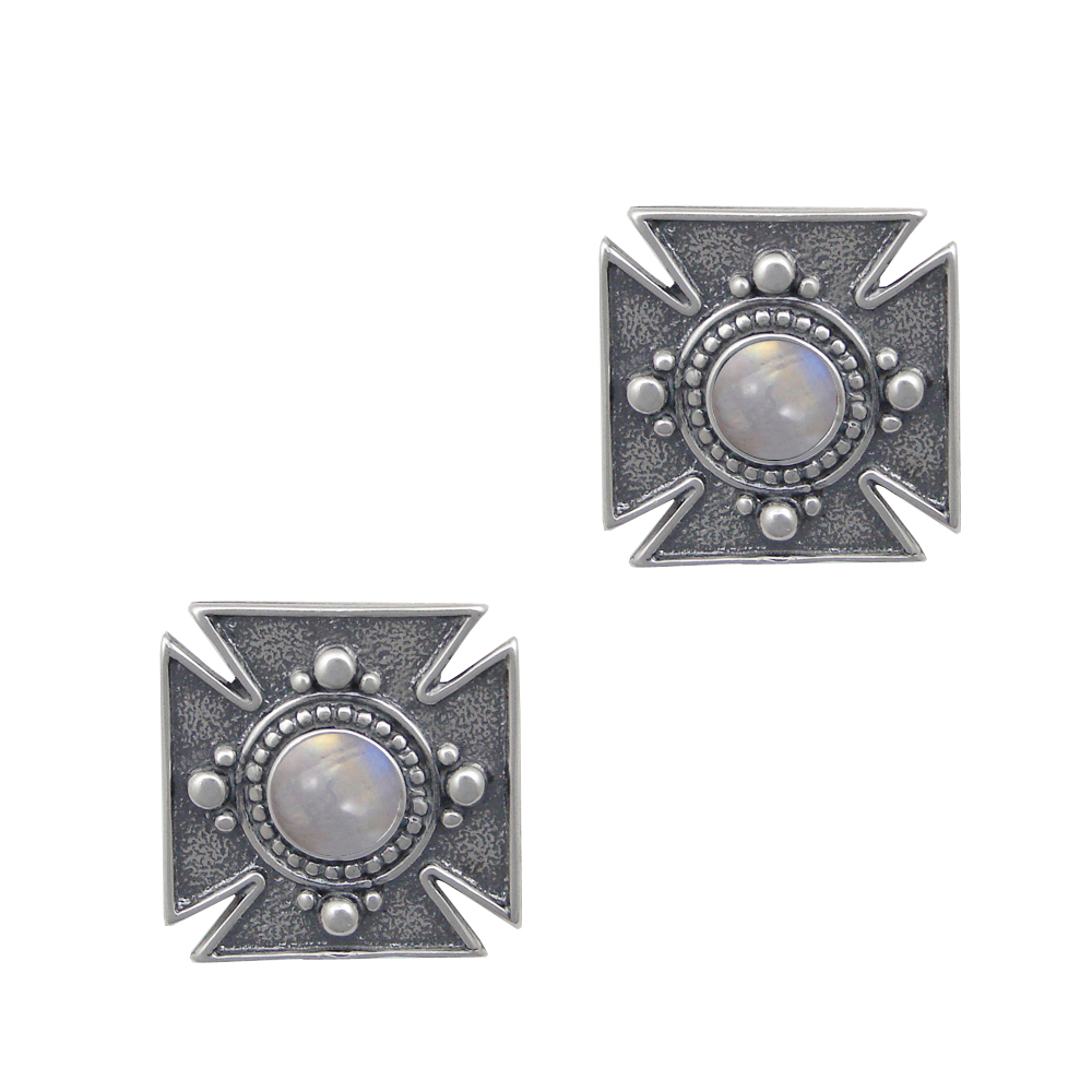Sterling Silver Iron Cross Post Stud Earrings With Rainbow Moonstone